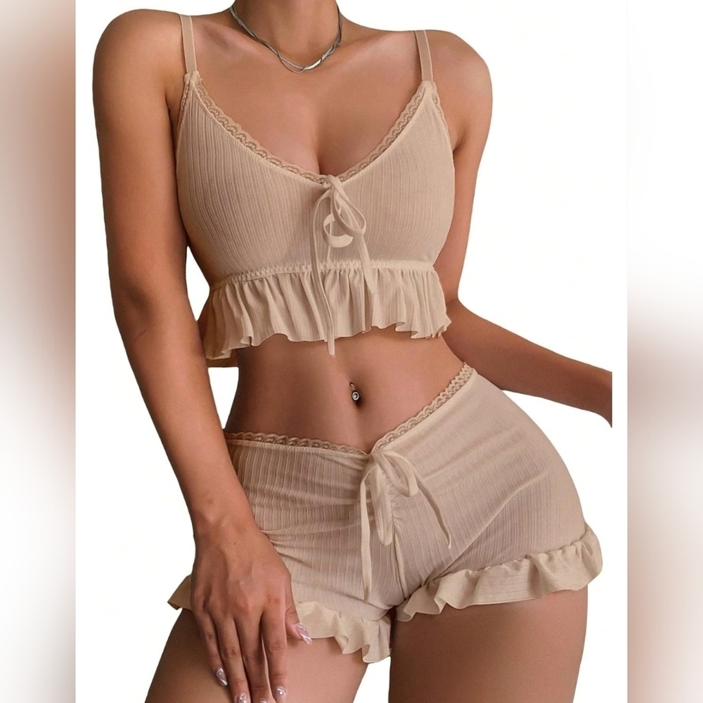 NEW!Elegant Tan Ruffle Trim Sleepwear Set Size XL